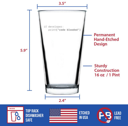 Code Blooded Engraved Pint Glass Gifts for Programmer, Coder & Computer Geeks High Quality Pint Glasses for Beer - 16oz