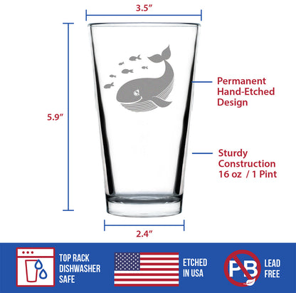 Cute Whale Pint Glass for Beer - Beach Themed Decor and Gifts for Whale Lovers - 16 Oz Glasses