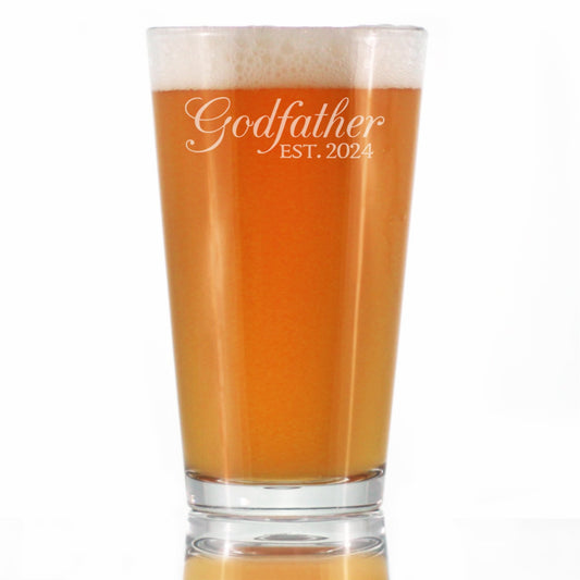 Godfather Est 2024 - New Godfather Pint Glass Proposal Gift for First Time Godparents - Decorative 16 Oz Glasses