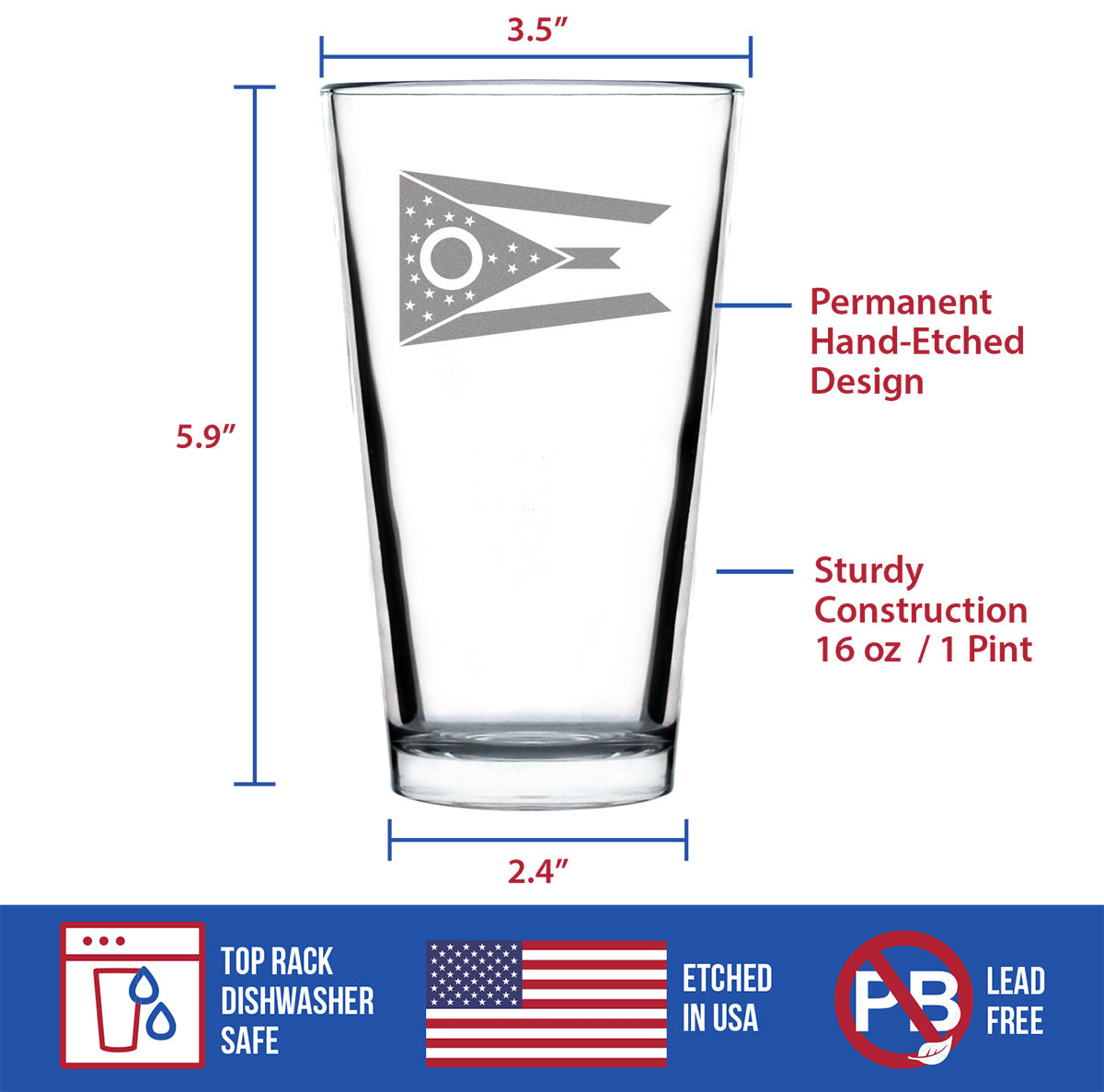 Ohio Flag Pint Glass for Beer - State Themed Drinking Decor and Gifts for Ohioan Women & Men - 16 Oz Glasses