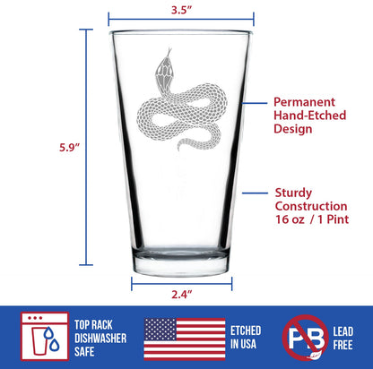 Snake Engraved Pint Glass Reptile Decor and Gifts for Snake Lovers High Quality Pint Glasses for Beer - 16oz