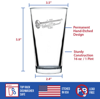 Trumpet Pint Glass for Beer - Music Gifts for Trumpet Players, Teachers and Musical Accessories for Musicians that Play Trumpets - 16 Oz Glasses