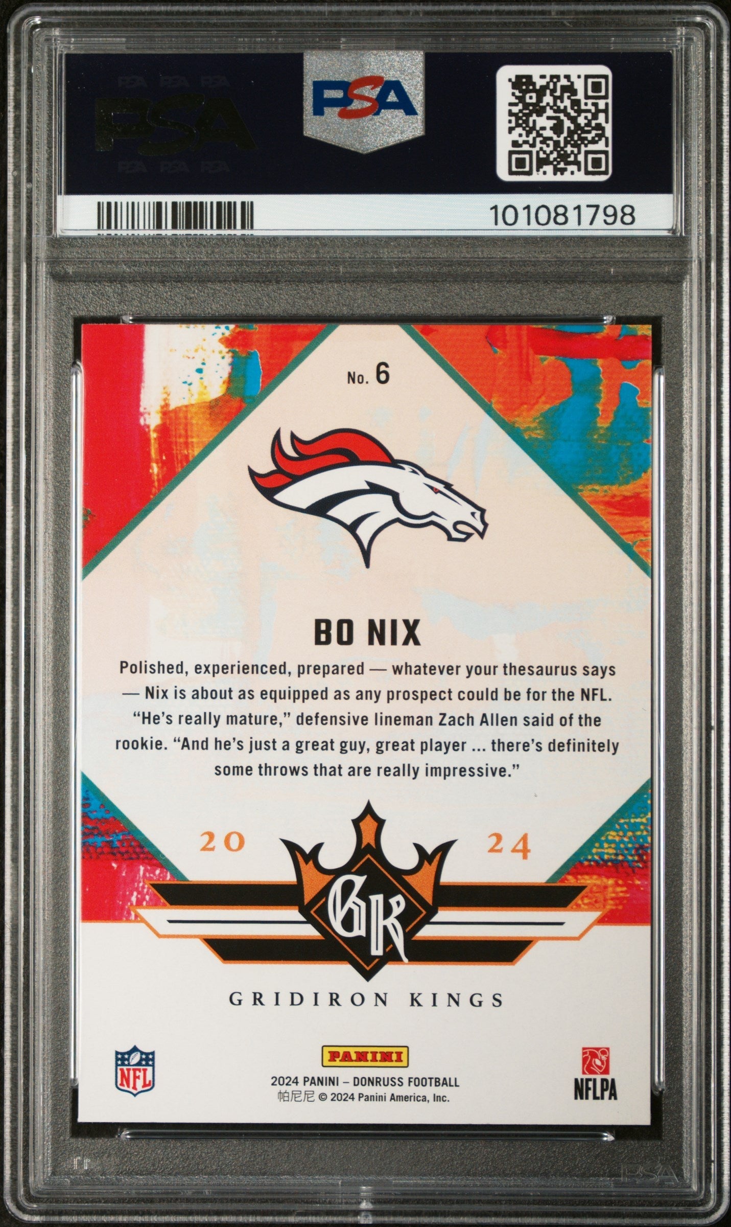Graded 2024 Panini Donruss Bo Nix #6 Rookie Gridiron Kings Rookie RC Football Card PSA 10 Gem Mint
