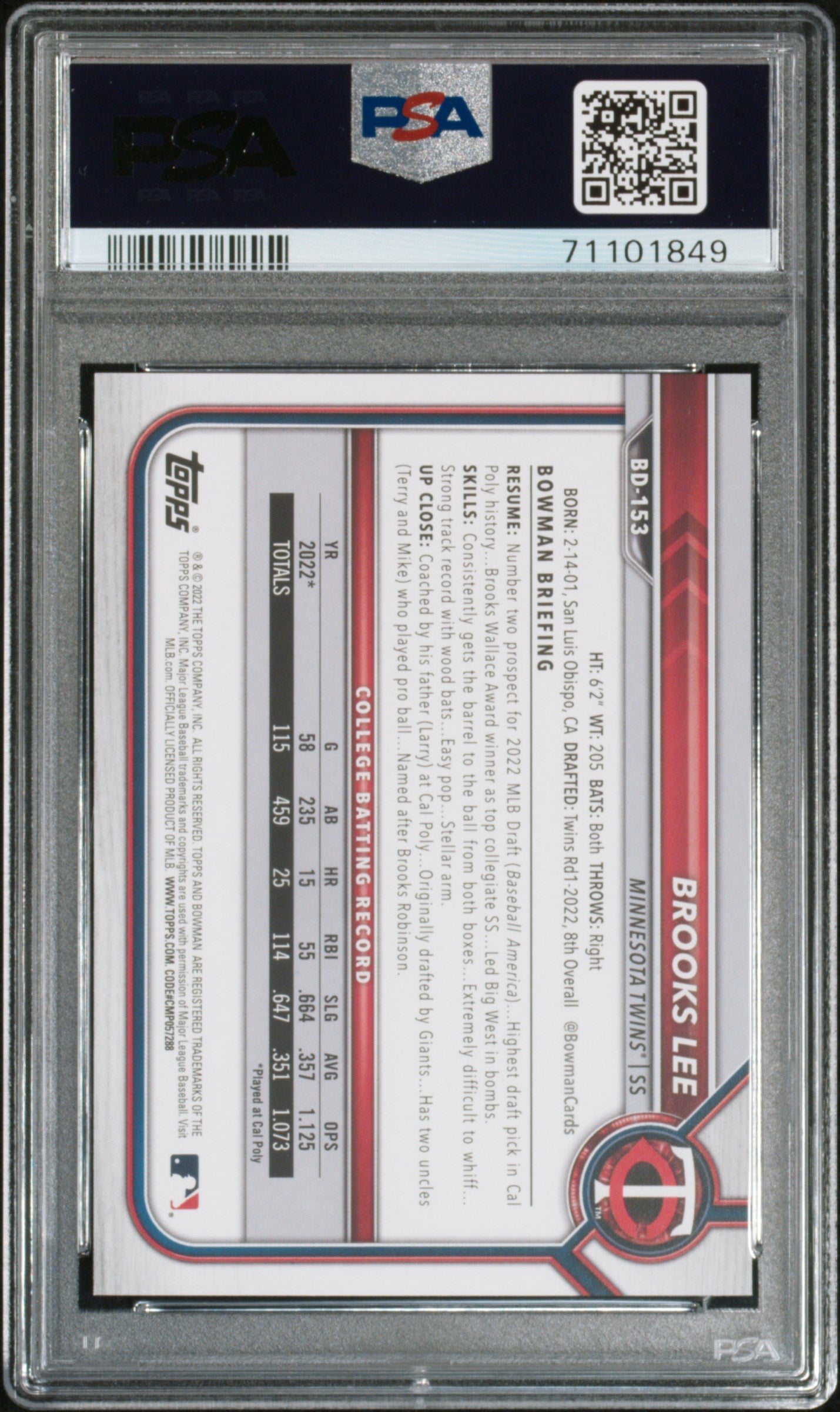 Graded 2022 Topps Bowman Draft Brooks Lee #BD153 Rookie RC Baseball Card PSA 10 Gem Mint