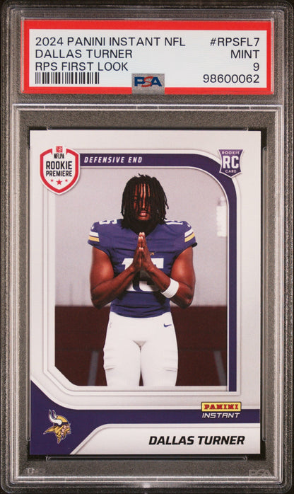 Graded 2024 Panini Instant NFL Dallas Turner #RPSFL7 RPS First Look Rookie RC Football Card PSA 9 Mint