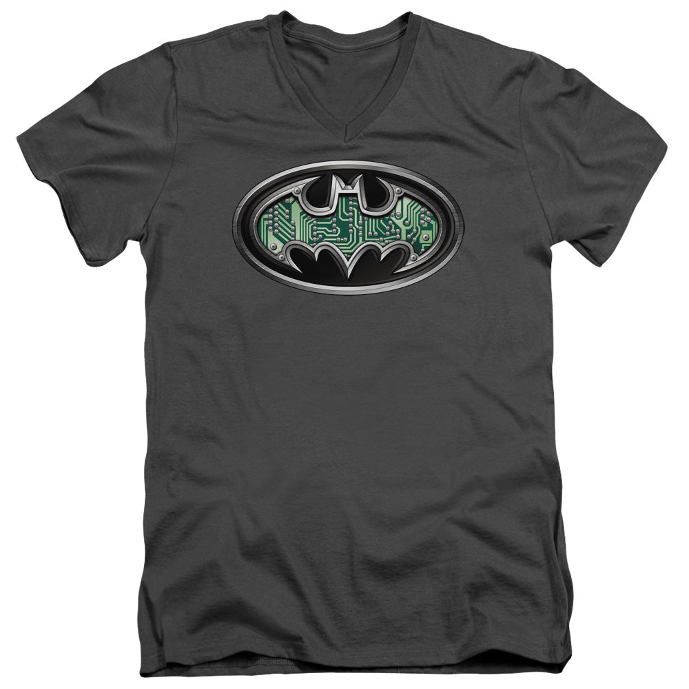 Batman Circuitry Shield Mens Slim Fit V Neck T Shirt Charcoal Officially Licensed