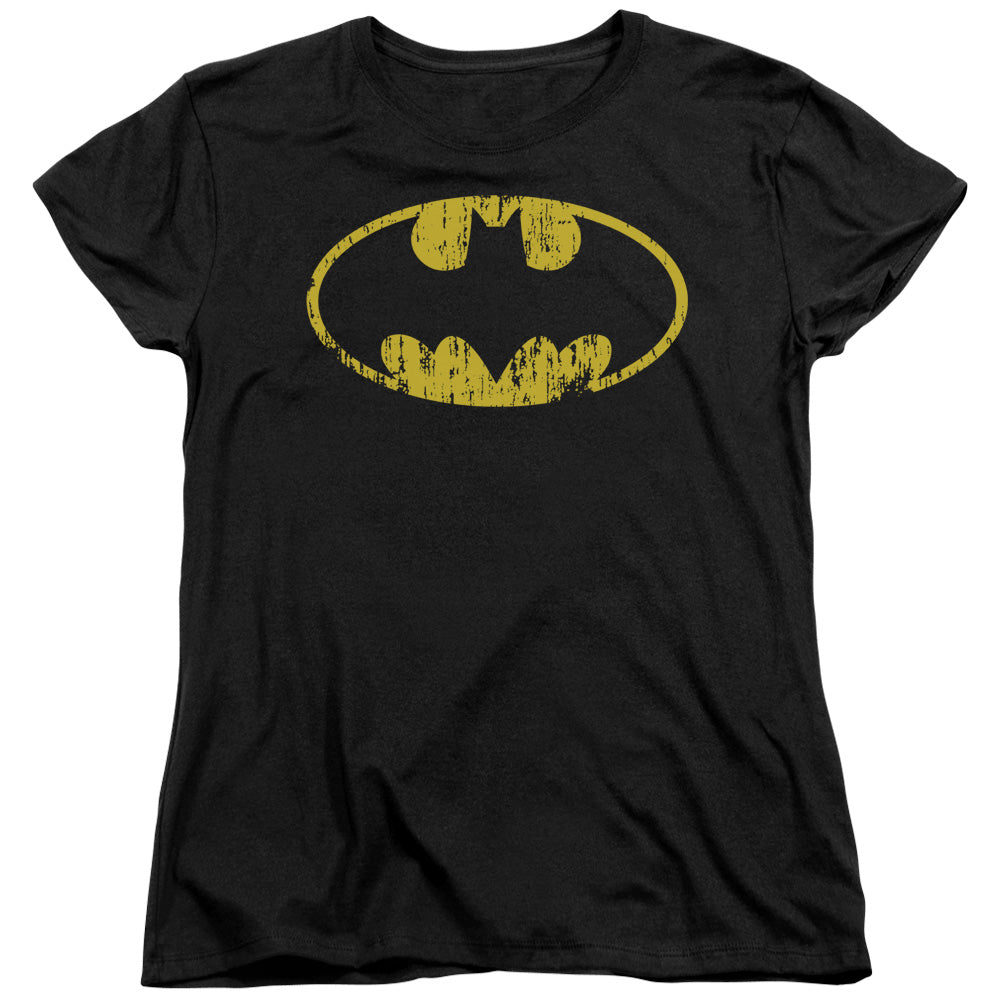 Batman Classic Logo Distressed Womens T Shirt Black Officially Licensed