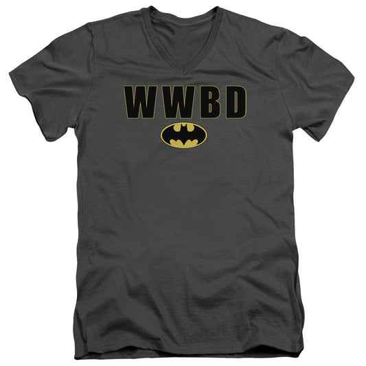 Batman Wwbd Logo Mens Slim Fit V Neck T Shirt Charcoal Officially Licensed