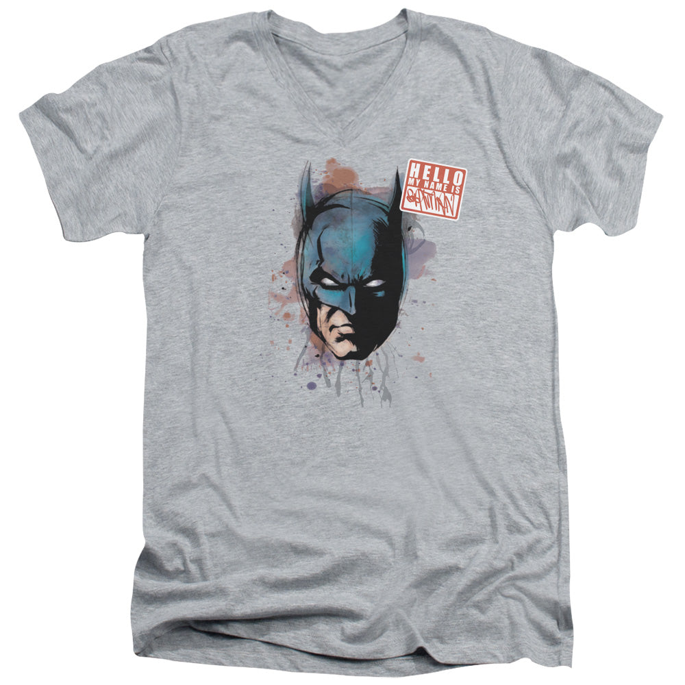 Batman Hello Mens Slim Fit V Neck T Shirt Athletic Heather Officially Licensed