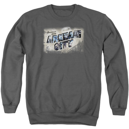 Arkham City Greetings From Arkham Mens Crewneck Sweatshirt Charcoal