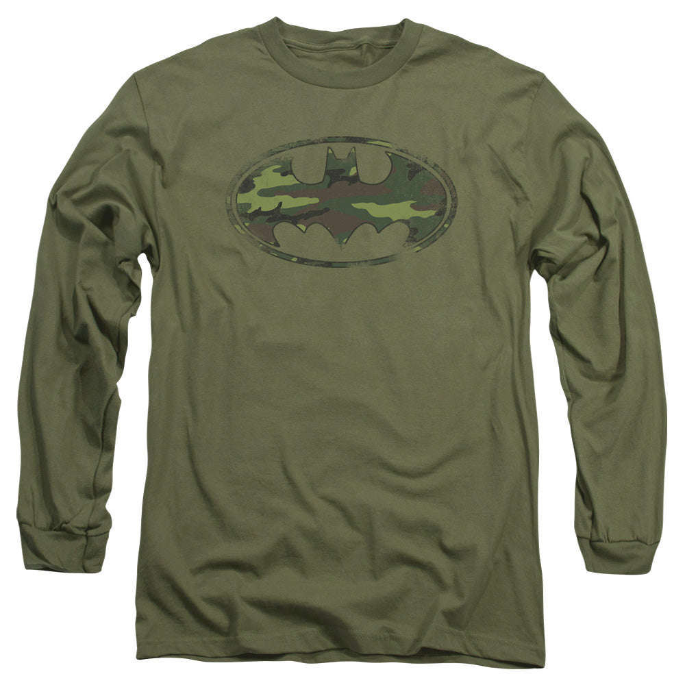 Batman Distressed Camo Shield Mens Long Sleeve Shirt Military Green Officially Licensed