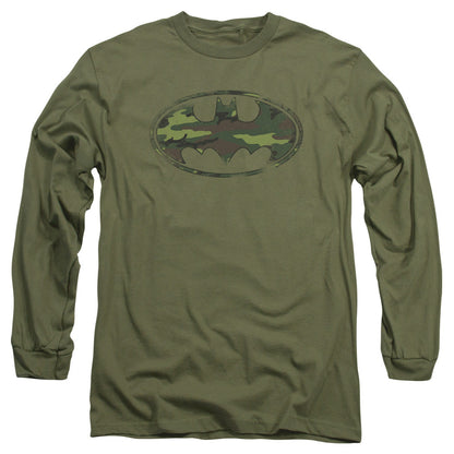 Batman Distressed Camo Shield Mens Long Sleeve Shirt Military Green Officially Licensed