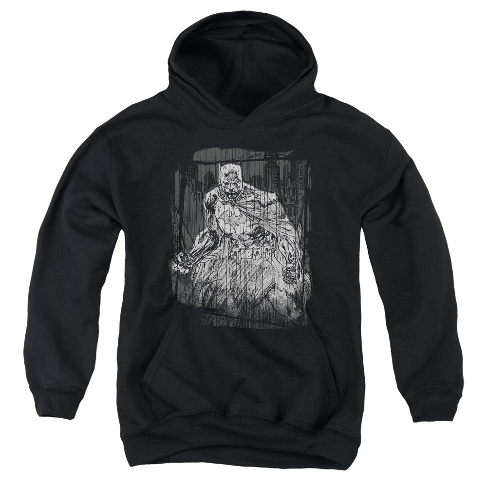 Batman Pencilled Rain Kids Youth Hoodie Black Officially Licensed