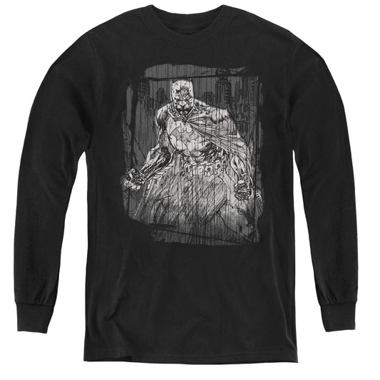 Batman Pencilled Rain Long Sleeve Kids Youth T Shirt Black Officially Licensed