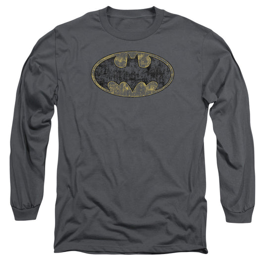 Batman Tattered Logo Mens Long Sleeve Shirt Charcoal Officially Licensed