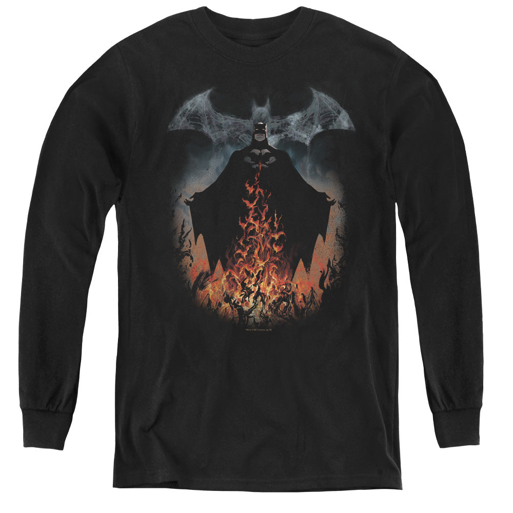 Batman Smoke & Fire Long Sleeve Kids Youth T Shirt Black Officially Licensed