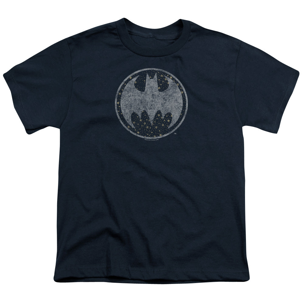 Batman Starry Night Shield Kids Youth T Shirt Navy Blue Officially Licensed