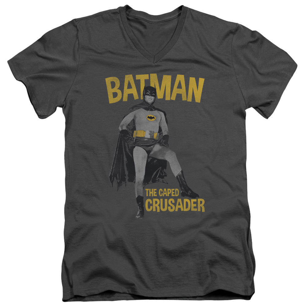 Batman Classic Tv Caped Crusader Mens Slim Fit V Neck T Shirt Charcoal Officially Licensed