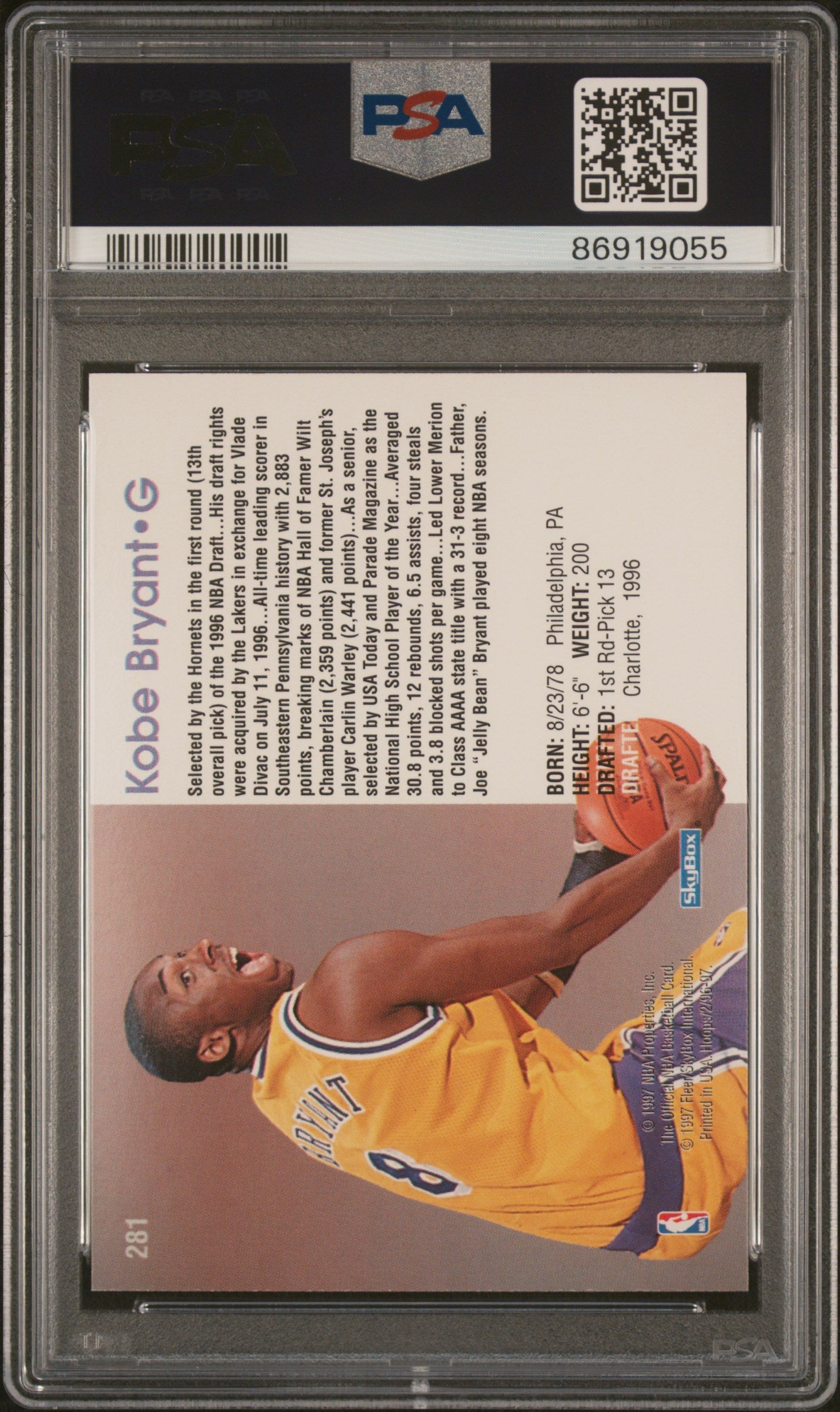 Graded 1996 Fleer Hoops Kobe Bryant #281 Rookie RC Basketball Card PSA 10 Gem Mint