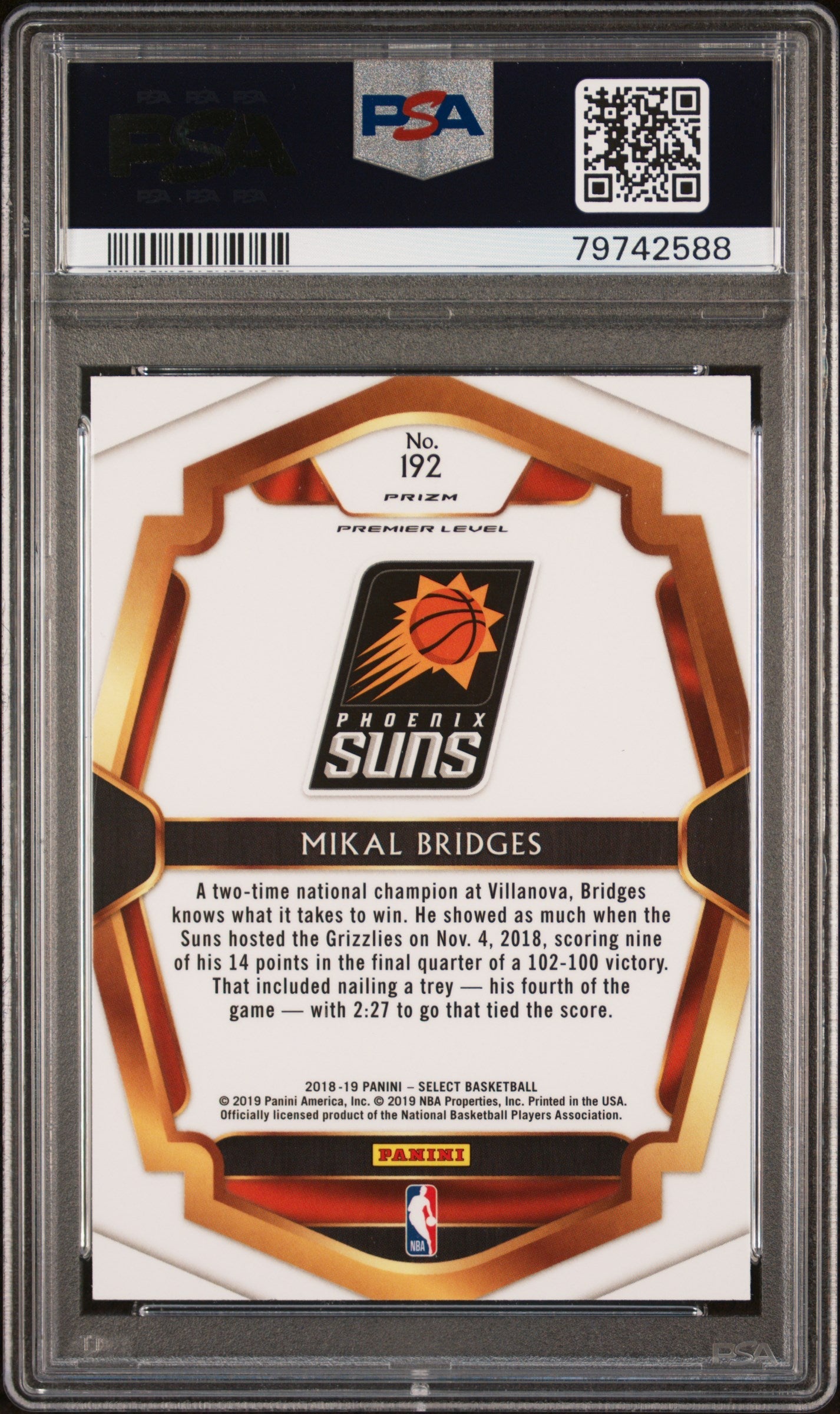 Graded 2018 Panini Select Mikal Bridges #192 Silver Prizm Rookie RC Basketball Card PSA 10 Gem Mint
