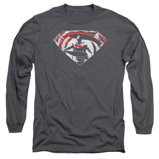 Batman V Superman Super Splatter Logo Mens Long Sleeve Shirt Charcoal Officially Licensed