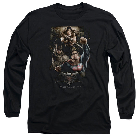 Batman V Superman Three In Action Mens Long Sleeve Shirt Black Officially Licensed