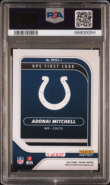Graded 2024 Panini Instant NFL Adonai Mitchell #RPSFL1 RPS First Look Rookie RC Football Card PSA 10 Gem Mint