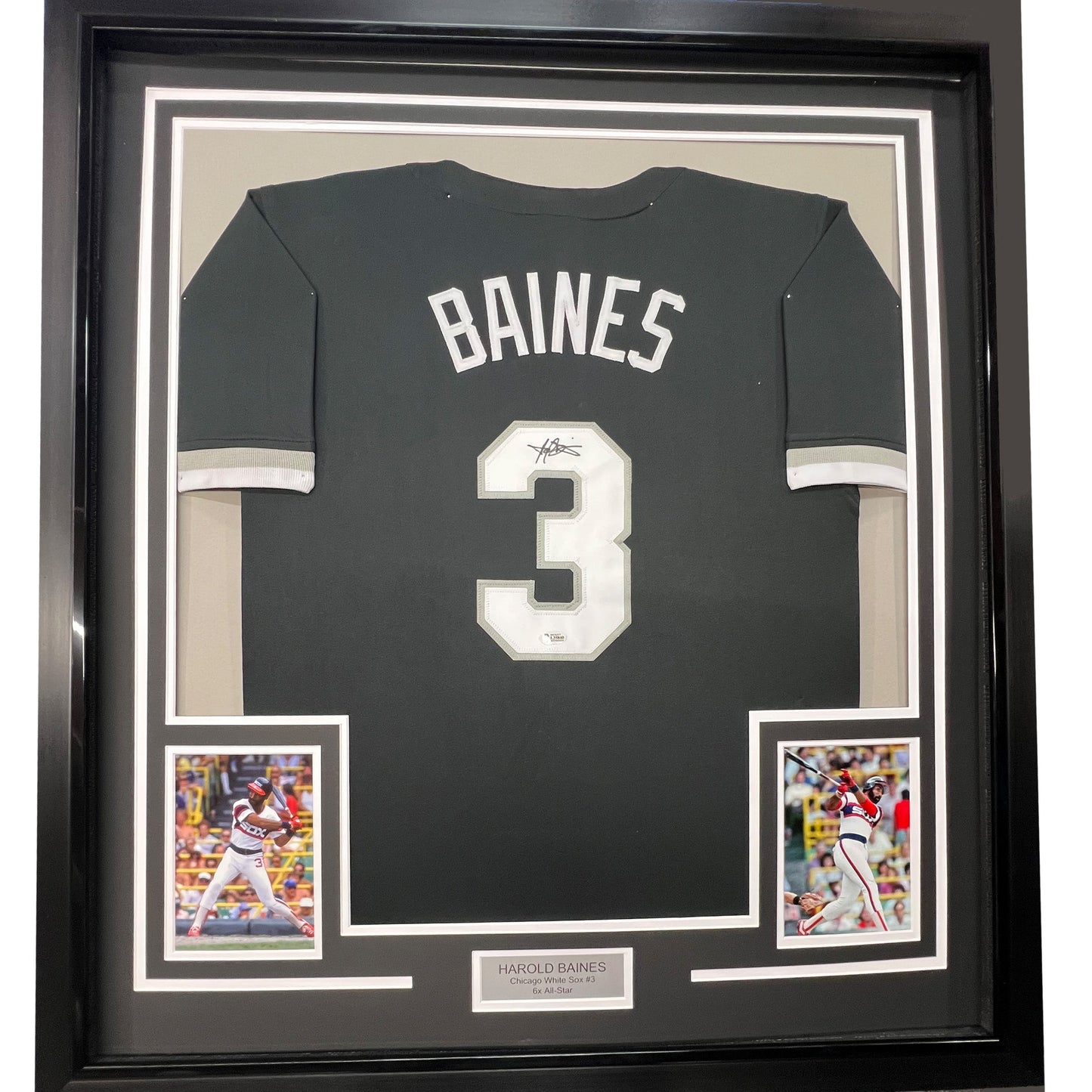 Framed Autographed/Signed Harold Baines 35x39 Chicago Black Baseball Jersey Beckett BAS COA