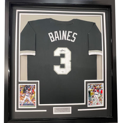 Framed Autographed/Signed Harold Baines 35x39 Chicago Black Baseball Jersey Beckett BAS COA