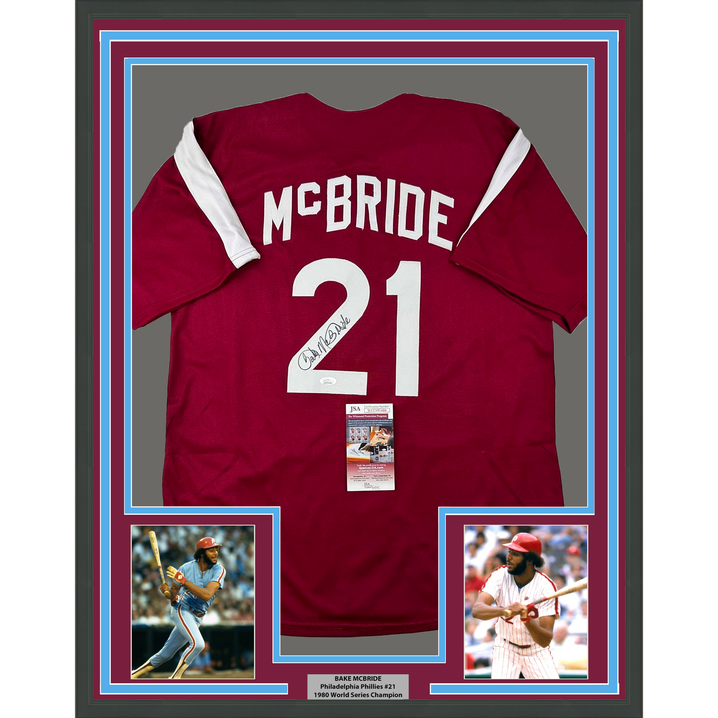 Framed Autographed/Signed Bake McBride 35x39 Philadelphia Retro Maroon Baseball Jersey JSA COA