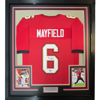 Framed Autographed/Signed Baker Mayfield 35x39 Tampa Bay Red Football Jersey Beckett BAS COA