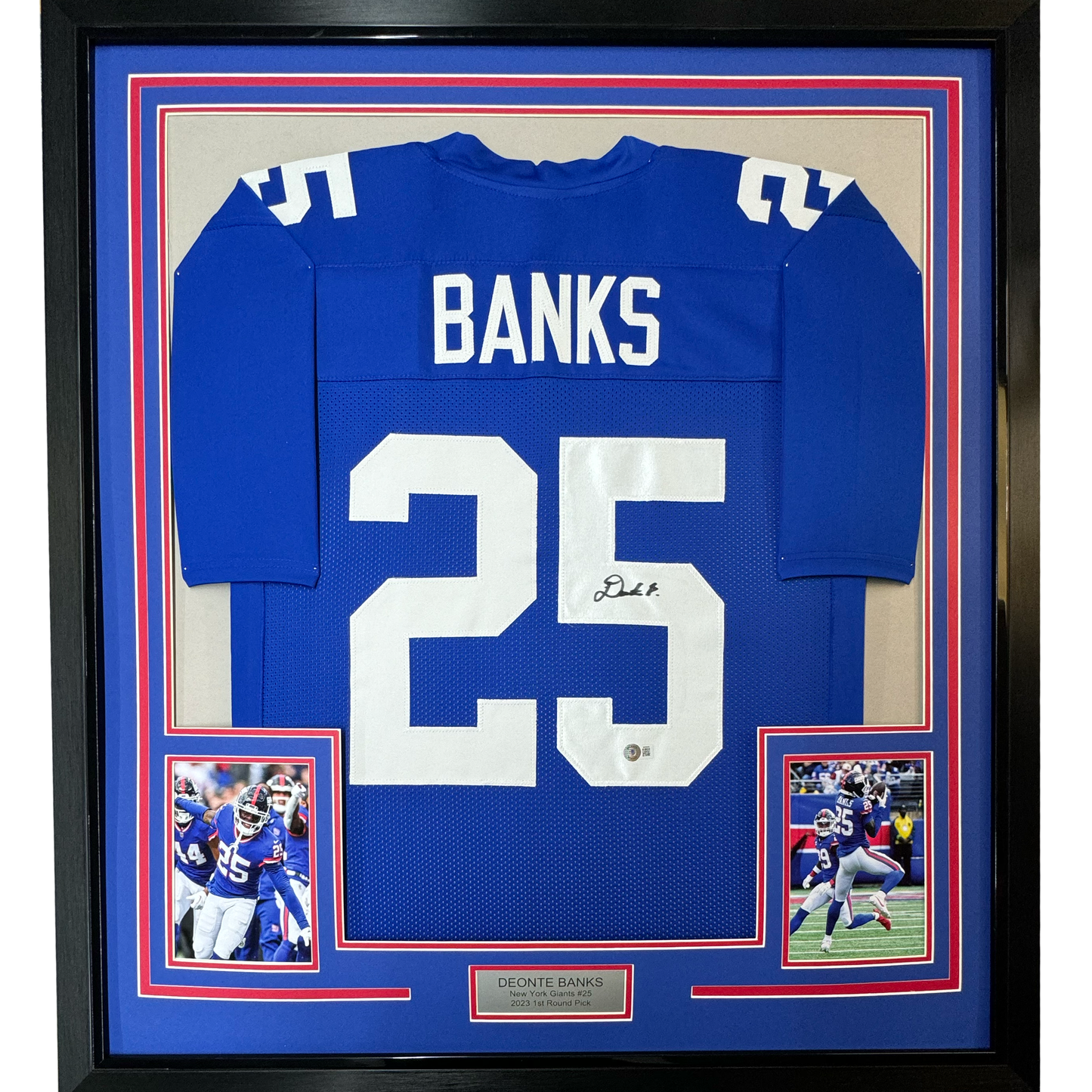 Framed Autographed/Signed Deonte Banks 35x39 New York Blue Football Jersey Beckett BAS COA