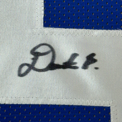 Framed Autographed/Signed Deonte Banks 35x39 New York Blue Football Jersey Beckett BAS COA