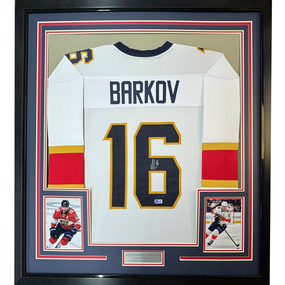Framed Autographed/Signed Aleksander Barkov 35x39 Florida White Hockey Jersey JSA COA