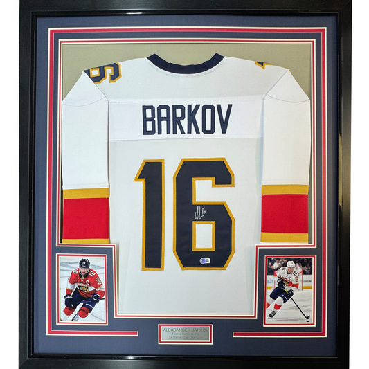 Framed Autographed/Signed Aleksander Barkov 35x39 Florida White Hockey Jersey JSA COA