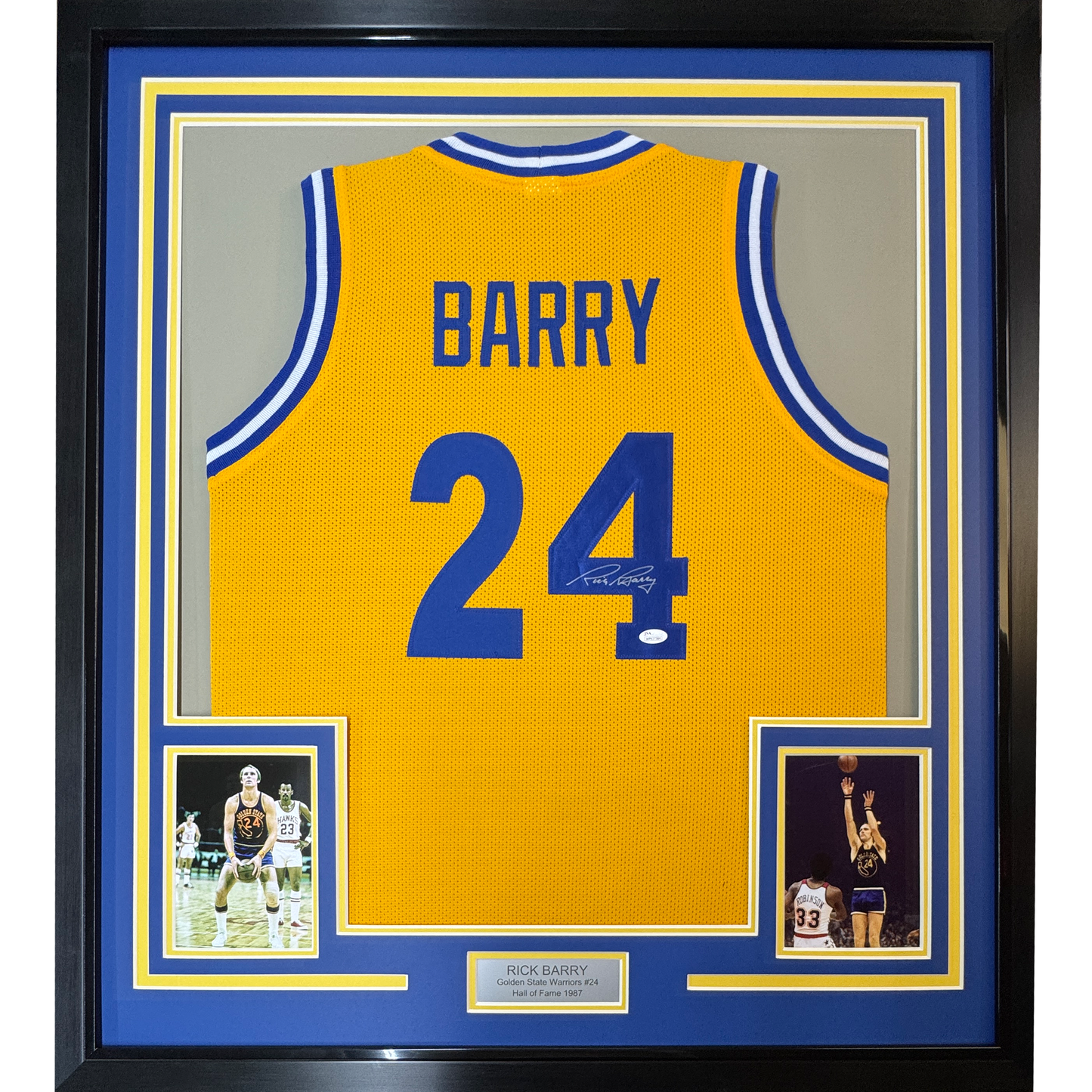 Framed Autographed/Signed Rick Barry 35x39 Golden State Yellow Basketball Jersey JSA COA