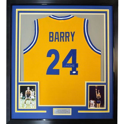 Framed Autographed/Signed Rick Barry 35x39 Golden State Yellow Basketball Jersey JSA COA