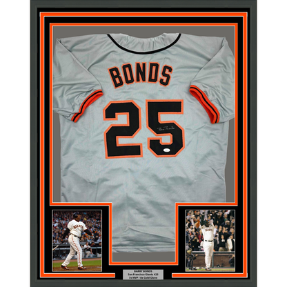 Framed Autographed/Signed Barry Bonds 35x39 San Francisco Grey Baseball Jersey JSA COA