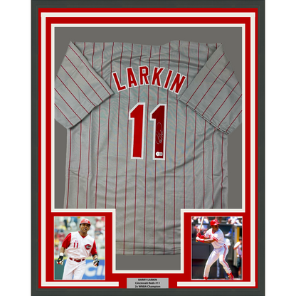 Framed Autographed/Signed Barry Larkin 35x39 Cincinnati Grey Pinstripe Baseball Jersey Beckett BAS COA