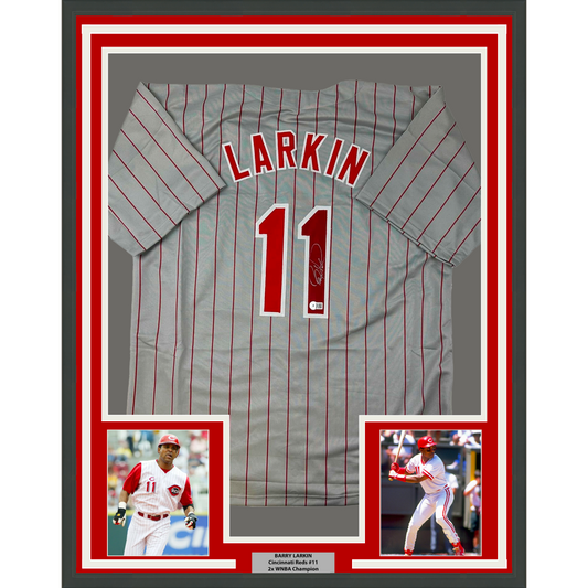 Framed Autographed/Signed Barry Larkin 35x39 Cincinnati Grey Pinstripe Baseball Jersey Beckett BAS COA
