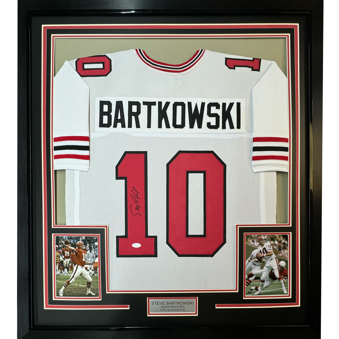 Framed Autographed/Signed Steve Bartkowski 35x39 Atlanta White Football Jersey JSA COA