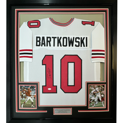 Framed Autographed/Signed Steve Bartkowski 35x39 Atlanta White Football Jersey JSA COA