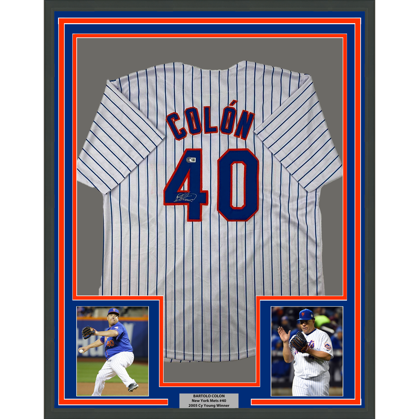 Framed Autographed/Signed Bartolo Colon 35x39 New York Pinstripe Baseball Jersey Beckett BAS COA