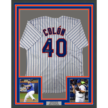 Framed Autographed/Signed Bartolo Colon 35x39 New York Pinstripe Baseball Jersey Beckett BAS COA