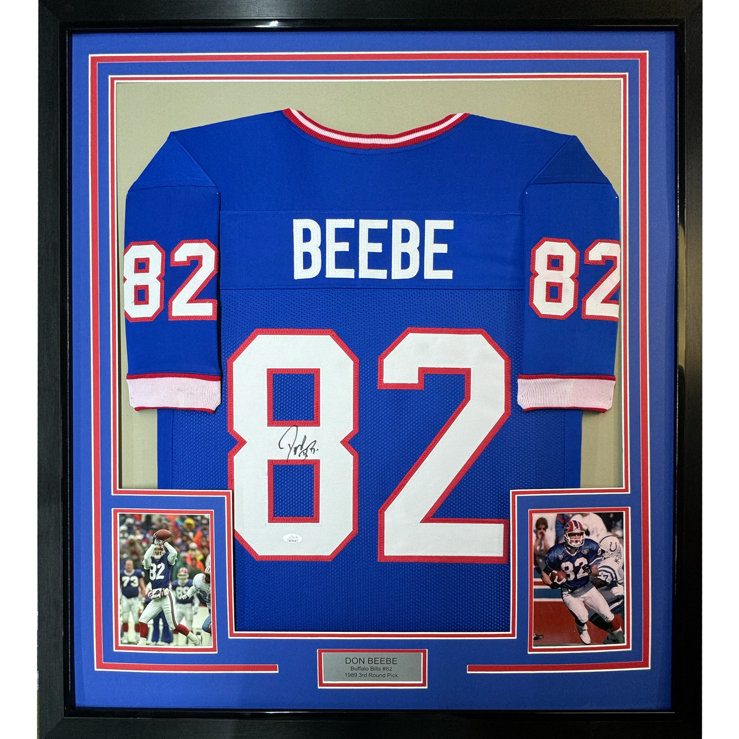 Framed Autographed/Signed Don Beebe 35x39 Buffalo Blue Football Jersey JSA COA