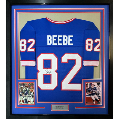 Framed Autographed/Signed Don Beebe 35x39 Buffalo Blue Football Jersey JSA COA