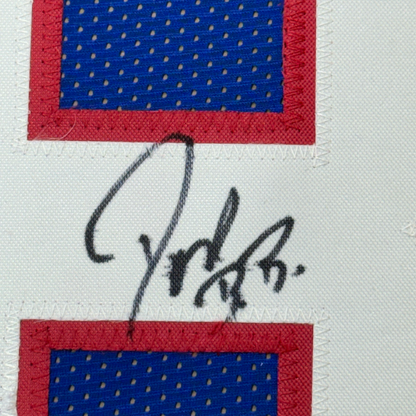 Framed Autographed/Signed Don Beebe 35x39 Buffalo Blue Football Jersey JSA COA