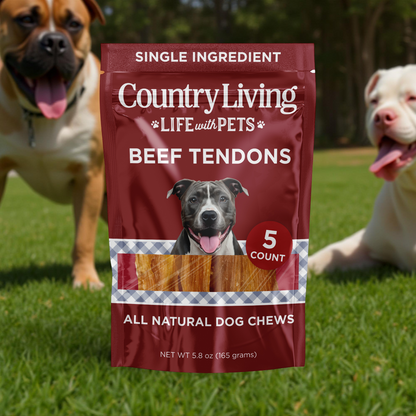 Country Living 4”-7” Beef Backstrap Tendon Dog Chews – 5 Count Bag – All-Natural, Long-Lasting, High-Protein Dog Treats – Single-Ingredient, Grain-Free