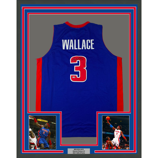 Framed Autographed/Signed Ben Wallace 35x39 Detroit Blue Basketball Jersey Steiner COA