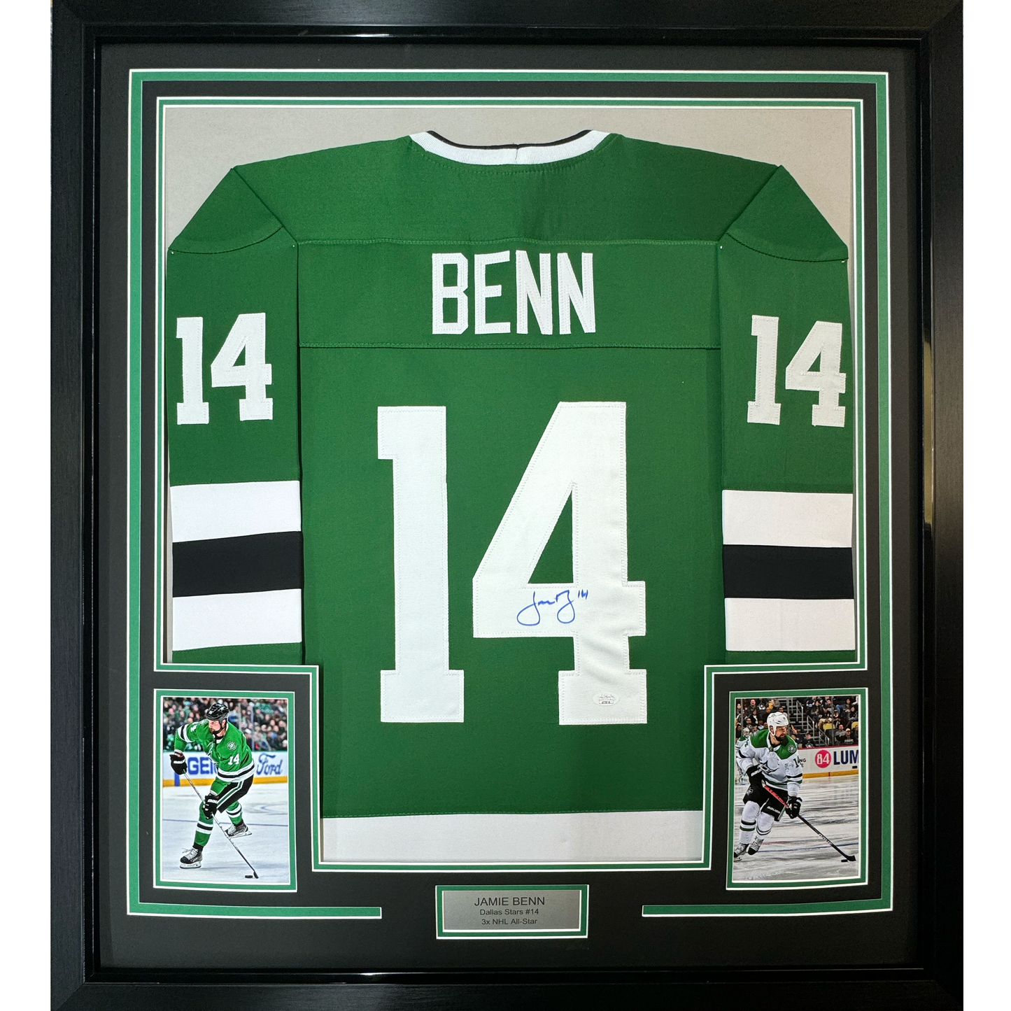 Framed Autographed/Signed Jamie Benn 35x39 Dallas Green Retro Hockey Jersey JSA COA